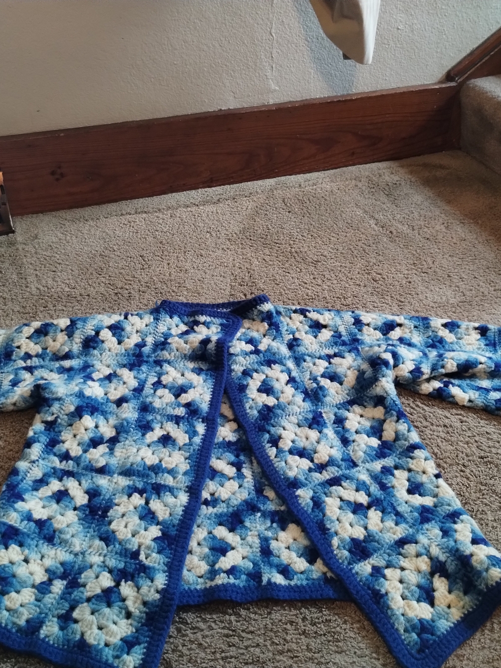 Granny Core Handmade  Crochet Cardigan Jacket in Blue and White Women's Medium